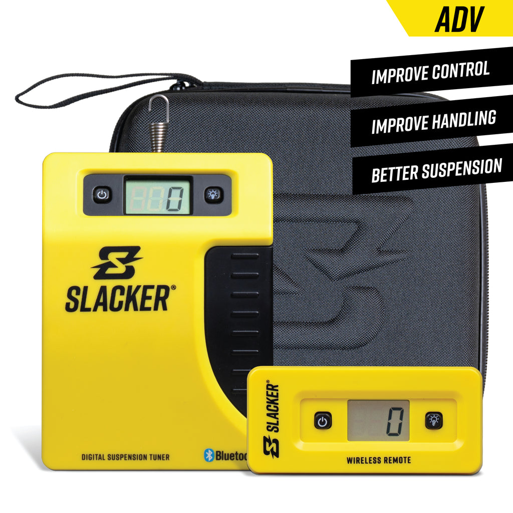 Slacker sag tool for setting suspension sag on street bikes, dirt bikes, adventure bikes, and mountain bikes.