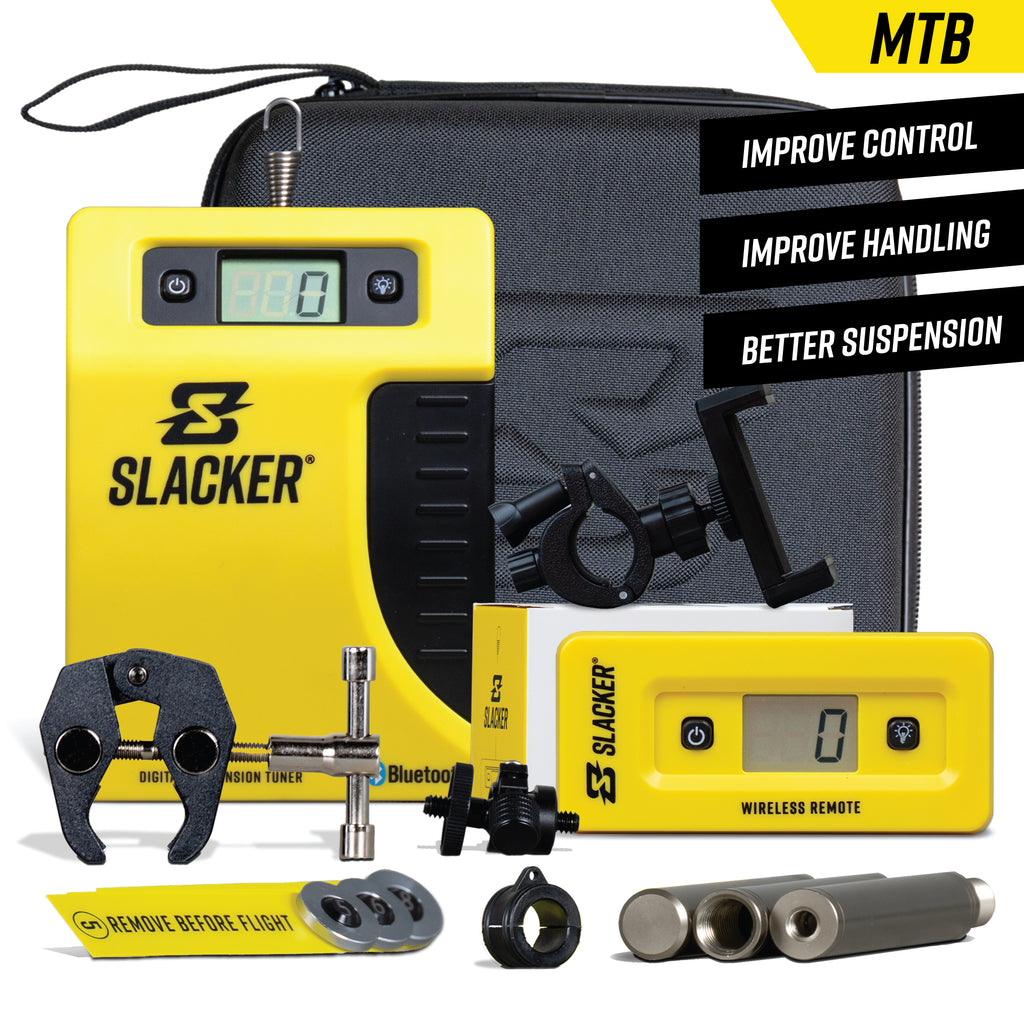 Slacker sag tool for setting suspension sag on street bikes, dirt bikes, adventure bikes, and mountain bikes.