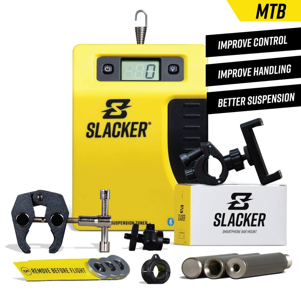 Slacker sag tool for setting suspension sag on street bikes, dirt bikes, adventure bikes, and mountain bikes.