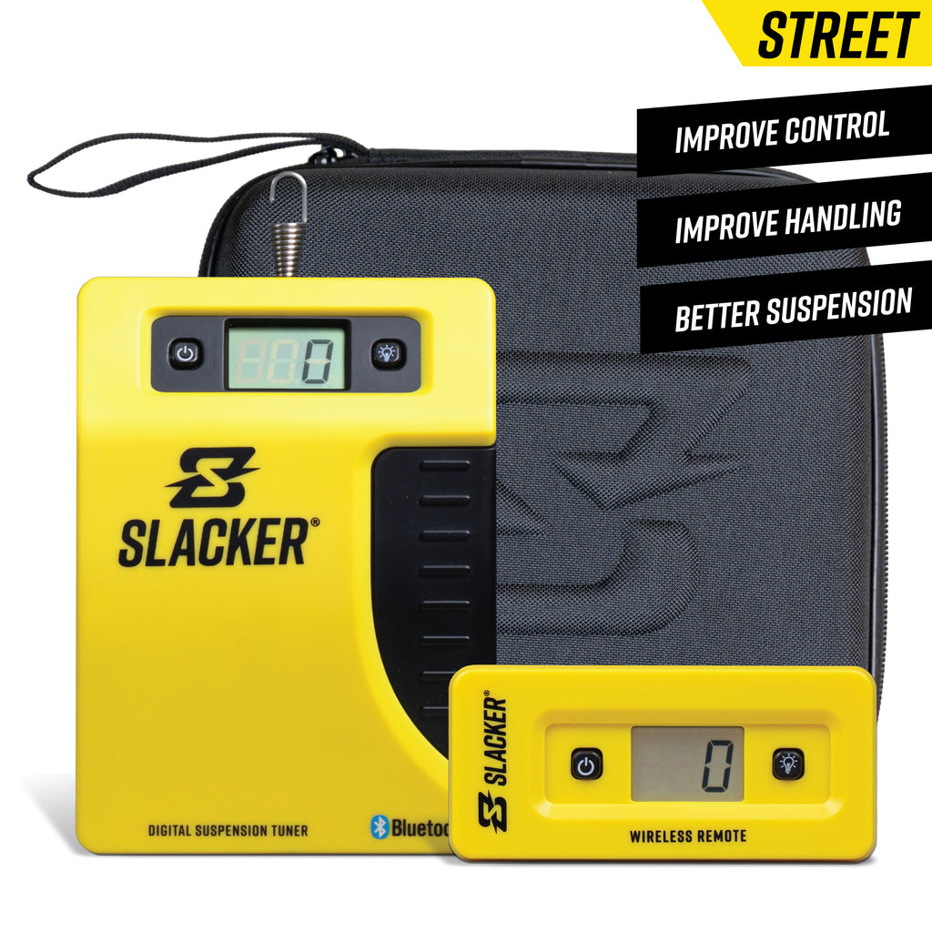 Slacker sag tool for setting suspension sag on street bikes, dirt bikes, adventure bikes, and mountain bikes.