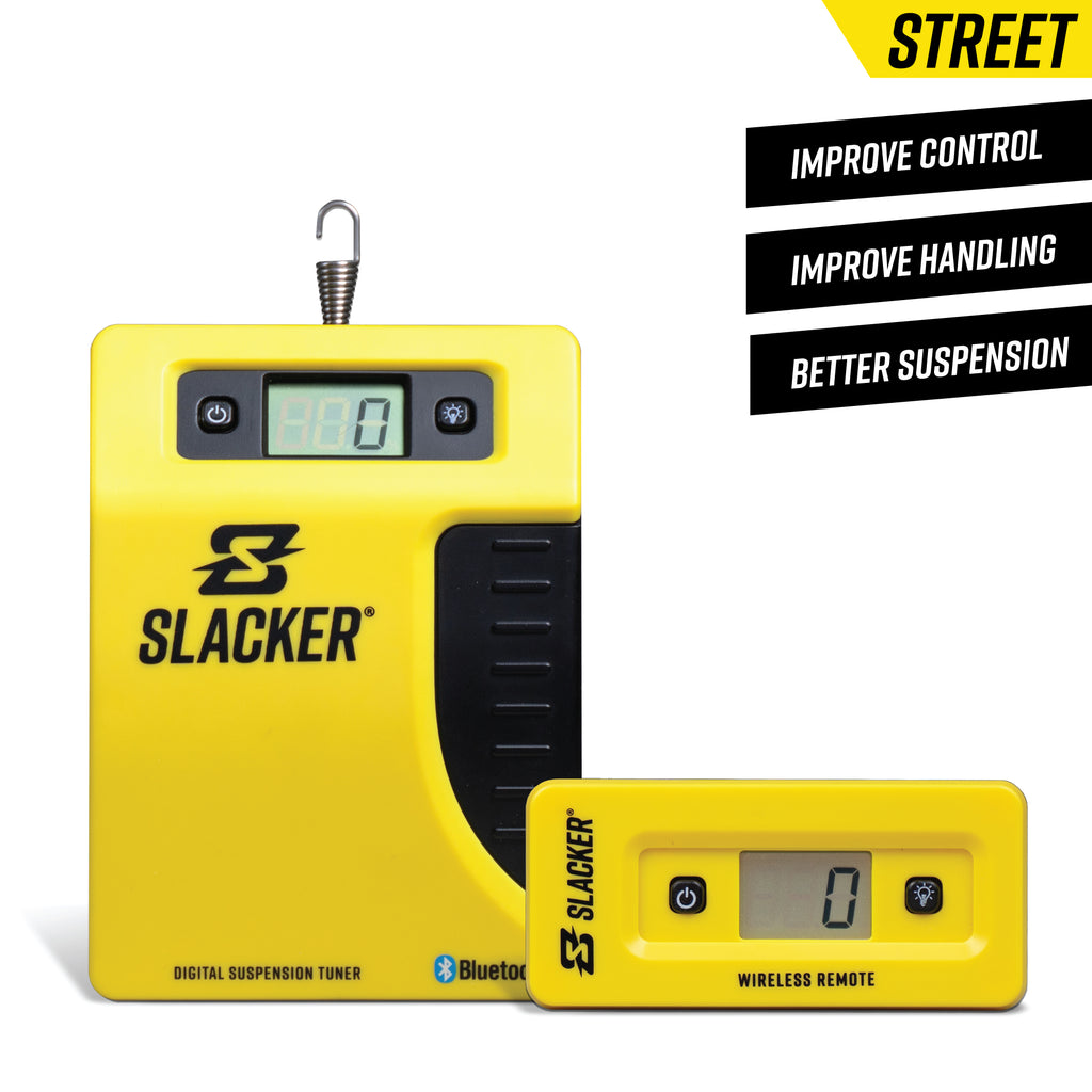 Slacker sag tool for setting suspension sag on street bikes, dirt bikes, adventure bikes, and mountain bikes.
