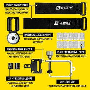 Slacker includes attachments for dirt bikes, street bikes, adventure bikes, and mountain bikes.